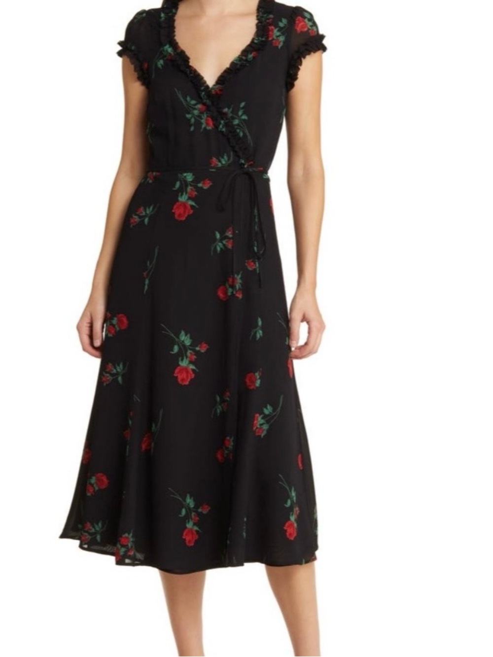 Reformation Gwenyth Floral Black Wrap Midi Dress with Red Rose Print